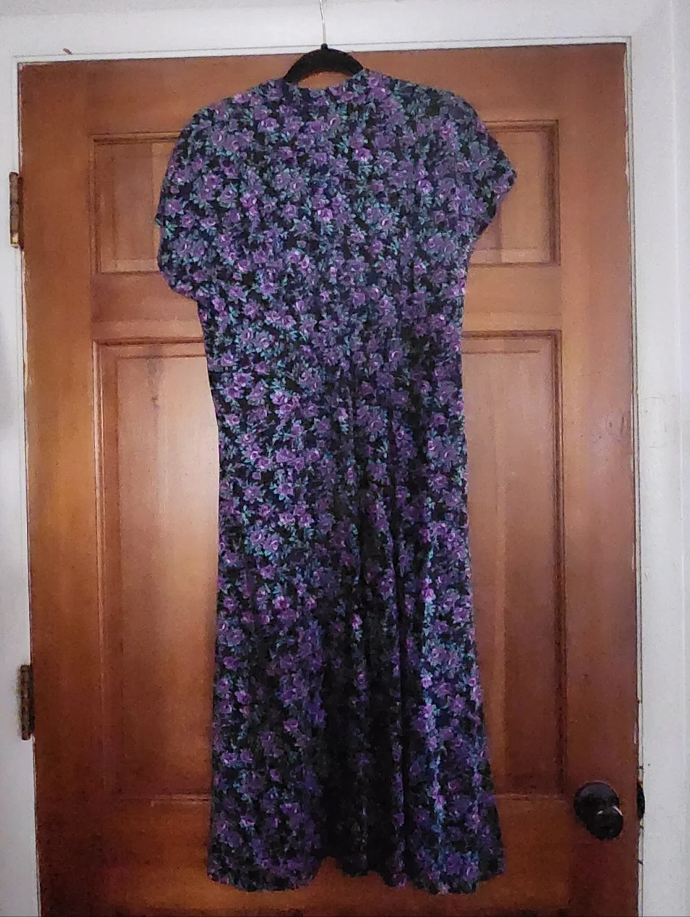 Vintage 90's Floral Button Front Midi Dress in Black with Purple & Teal Flowers - Picture 3 of 8